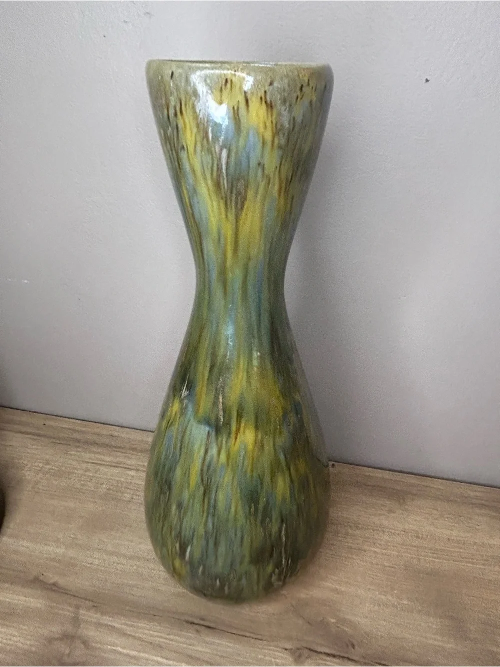 Vintage Green and Yellow Drip-Glaze Hourglass Vase